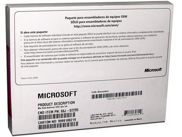 Microsoft Windows Vista Business en Español, DVD (OEM)