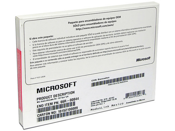Microsoft Windows Vista Ultimate (64 Bits) en Español, DVD (OEM)