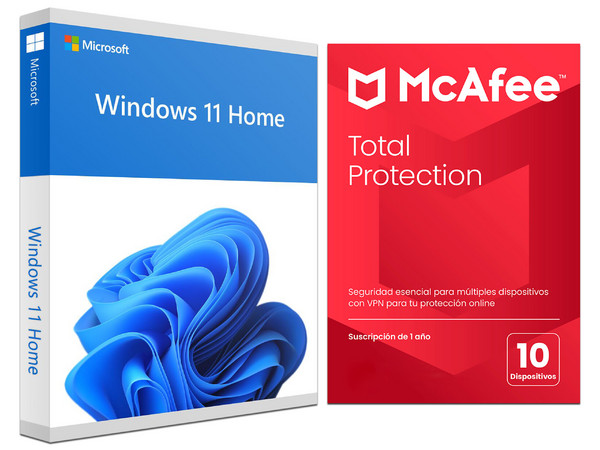 Microsoft Windows 11 Home (64 Bits) en Español, DVD, OEM. Exclusivo a la venta en equipos nuevos, Incluye Antivirus McAfee Total Protection para 10 dispositivos.