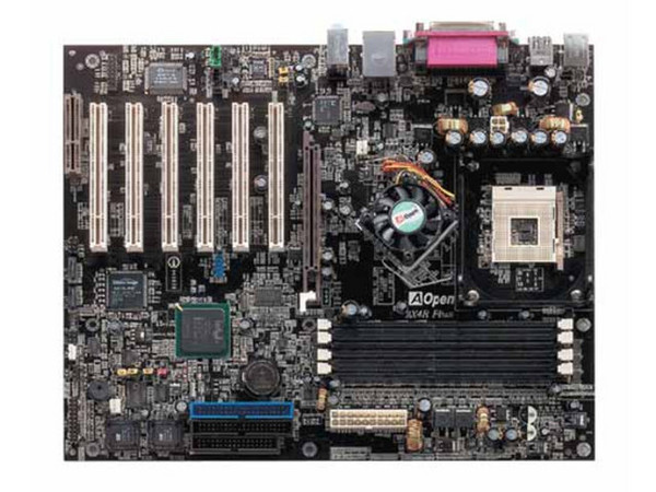 T. Madre AOpen AX4R Plus, ChipSet Intel E7205, 
Soporta: P4 y Celeron con BUS de 400/533Mhz, H.T., 
Memoria: SDRAM DDR 266, 4 Bancos, 4GB Max, 
Integrado: Audio y Red 10/100Mbps, 
Diseño: ATX Completo, Ptos. 6x PCI, 1x AGP (8x).