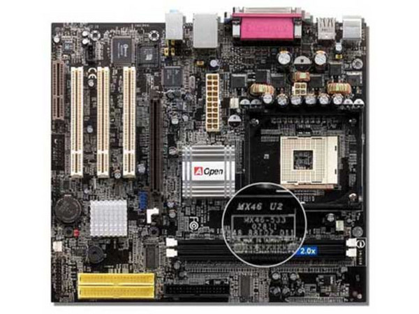 Tarjeta Madre AOpen MX46-U2, ChipSet SiS 650GX
Soporta hasta: P4 a 2.4Ghz y Celeron a 1.8 (478Pins/400Mhz)
Integrado: Audio AC97, Video, RED 10/100Mbps, USB 2.0
Memoria: SDRAM DDR 266Mhz, 2Gb Max. (2 Bancos)
Diseño: Micro ATX, Ptos: 1x AGP, 3x PCI, 1