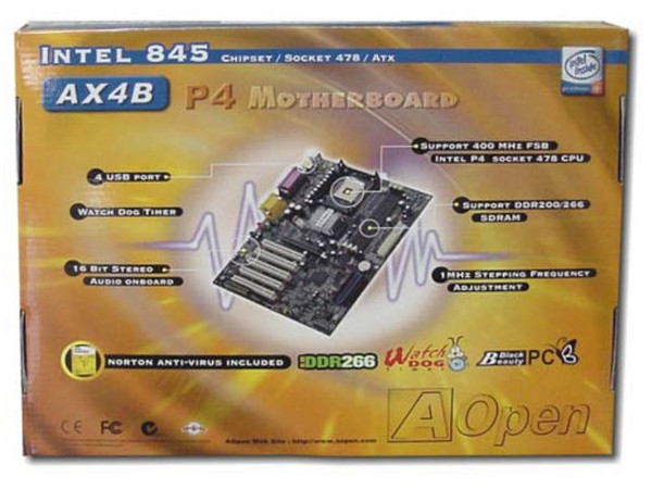 Tarjeta Madre AOpen AX4B, ChipSet Intel 845D, ICH2
Soporta hasta: P4 a 2.6Ghz y Celeron a 2.4 (478Pins/400Mhz)
Integrado: Audio AC97
Memoria: SDRAM DDR 266Mhz, 2Gb Max. (3 Bancos)
Diseño: ATX Completo, Ptos: 1x AGP, 5x PCI, 1x CNR
