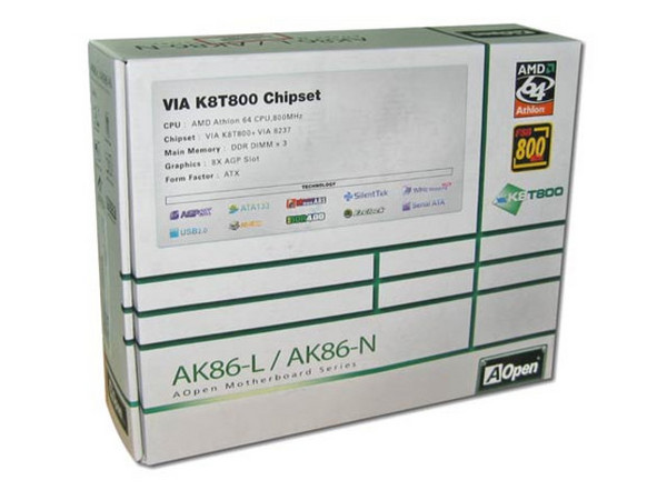 T. Madre AOpen AK86-L, ChipSet VIA K8T800,
Soporta: Athlon 64, Sempron 3100+, Socket 754,
Integrado: Audio 5.1, 2 Serial ATA y Red,
Memoria: DDR 266/333/400 Mhz, 3 Bancos, 3GB Max,
Diseño: ATX, Puertos: 5x PCI, 1x AGP 8X