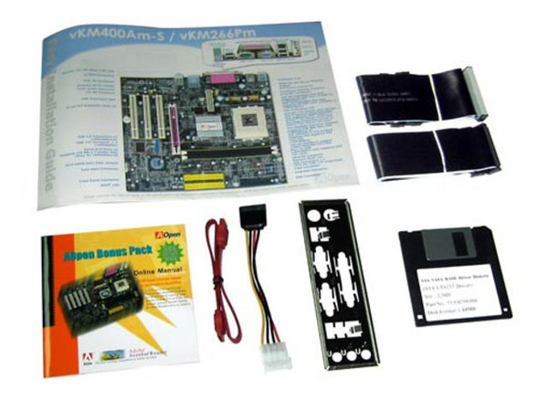 T. Madre AOpen vKM400Am-S, ChipSet VIA KM400A,
Soporta AMD Athlon XP, Sempron, Duron, Bus 400Mhz,
Memoria: DDR 266/333/400 (2 Bancos), 2Gb Max,
Integrado: Audio 5.1, Video, RED 10/100Mbps,
Diseño: Micro ATX, Ptos. 3x PCI, 1x AGP 8x, 1xCNR
