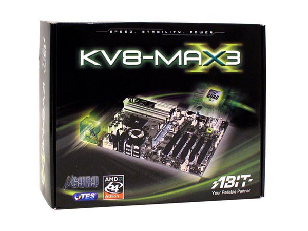 T. Madre Abit KV8-MAX3, ChipSet VIA K8T800, 
Para: Athlon 64, Socket 754 con BUS de 800MHz, 
Integrado: Audio, Red 10/100/1000, SATA-RAID (0,1,0+1), 
Memoria: 3x DDR333/266/200, 2x DDR400
Diseño: ATX, Ptos: 1x AGP 8X/4X, 5x PCI, 8xUS