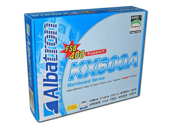 T. Madre Albatron KX600A-GE, ChipSet VIA KT600,
Soporta: AMD Athlon XP, Athlon XP Barton/Duron Socket A,
Integrado: Audio 6 canales, Red,
Memoria: 3x DDR DIMM DDR 400/333/266, 3Gb Max,
Diseño: ATX, Ptos. 1x AGP 8X, 5x PCI