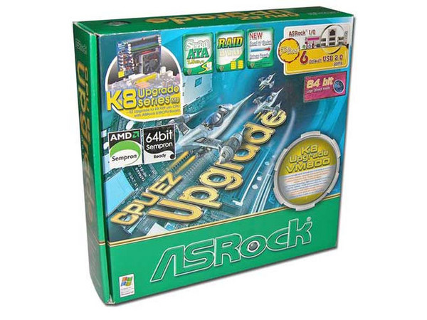 Tarjeta Madre ASRock K8UpVM800, ChipSet VIA K8M800,
Soporta: AMD Athlon 64 / Sempron Socket 754,
Memoria: DDR400/333/266, 2 Bancos, 2GB Max,
Integrado: Audio 6 canales, Video y RED 10/100Mbps,
Diseño: Micro ATX, Ptos: 1x AGP 8x, 2x P