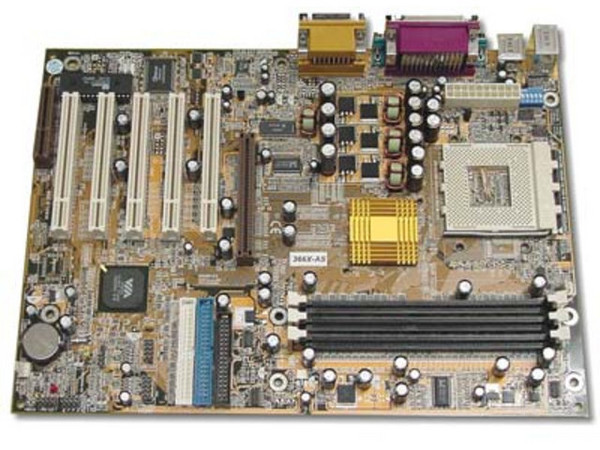 Tarjeta Madre Azza 366X-AS, ChipSet VIA KT266
Soporta: Athlon XP 2400+ y Duron a 1.3Ghz, BUS 200/266Mhz
Integrado: Audio AC97
Memoria: SDRAM DDR 266Mhz, 3Gb MAX
Diseño: ATX Completo, Puertos: 1x AGP, 5x PCI