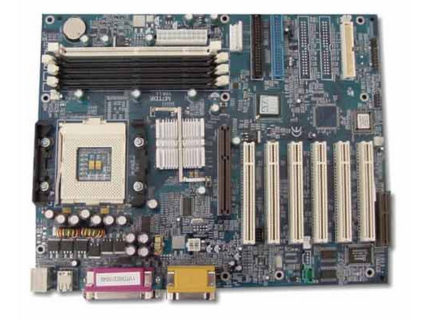 T. Madre Biostar M7TDR, ChipSet Intel 845/ICH2
Soporta hasta: P4 hasta 2.0, Socket *423*, BUS de 400Mhz
Integrado: Audio AC97, 
Memoria: SDRAM DIMM PC133, 3Gb Max, (4 Bancos),
Diseño: ATX Completo, Ptos: 1x AGP, 6x PCI, 1x CNR