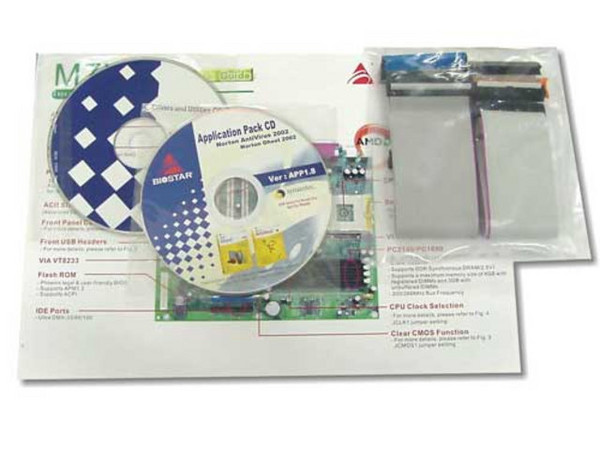 T. Madre BIOSTAR M7VIB VIA KT266/VT8233 con sonido, ATX, soporta AMD Athlon hasta 1.4 GHZ, Duron hasta 950 Mhz, Socket A, BUS de 200/266 MHZ, **MEMORIA DDR**, ATA-100.
