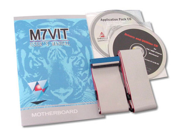 Tarjeta Madre Biostar M7-VIT ChipSet VIA KT400
Soporta hasta: AMD XP 2600+, Duron 1.3Ghz, Bus de 266/333
Integrado: Audio AC97, IDE: ATA-100/133, 
Memoria: 3x DDR DIMM DDR 400/333/266/200, 3Gb Max, 
Diseño: ATX Completo, Ptos. 1x AGP(8X), 5x PCI, 1x