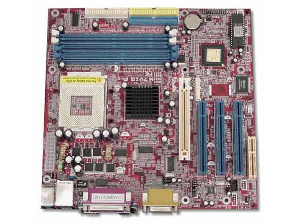 T. Madre BIOSTAR M7VIGPRO, ChipSet VIA KM266,
Soporta AMD XP y Duron con bus de 200/266Mhz, 
Integrado: Audio, Video, y RED, Fax/Modem PCTEL 56K
Memoria DIMM SDRAM PC133/2DIMMS, DDR PC2100/2DIMMS
Diseño: Micro ATX, Puertos: 3x PCI, 1x AGP, 1x CNR