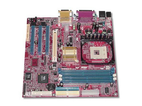 T. Madre Biostar/Alaska U8668 Grand, ChipSet P4M266A
Soporta P4 hasta 3.06GHz y Celron 2.4GHz BUS 400/533Mhz,
Memoria: DDR SDRAM (2 Bancos), PC133 SDRAM (2 Bancos)
Integrado: Audio AC97, Video S3, RED 10/100Mbps
Diseño: MicroATX, Ptos. 3x PCI, 1x AGP