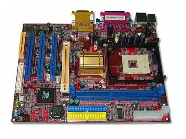 T. Madre Biostar U8668-D, ChipSet VIA P4M266A,
Soporta P4 hasta 3.06GHz y Celeron 2.8GHz BUS400/533Mhz,
Memoria: PC2100 DDR SDRAM  (2 Bancos), 2Gb Max,
Integrado: Audio AC97, Video S3, RED 10/100Mbps,
Diseño: Micro ATX, Ptos. 3x PCI, 1x AGP