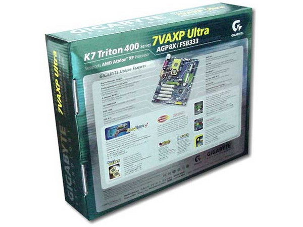 T. Madre GigaByte GA-7VAXP Ultra, ChipSet VIA KT400,
Soporta AMD XP y Duron con BUS /333/266 MHZ, 
Integrado: Audio AC97', 6 USB 2.0, Raid ATA133, 
2 Puertos Serial ATA (SATA), Puerto FireWire
Diseño: ATX Completo,  1x AGP (4x/8x), 5x PCI