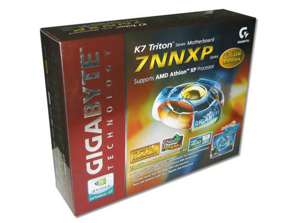 T. M. GIGABYTE GA-7NNXP, ChipSet nForce2 Ultra 400,
Soporta: Athlon XP, Duron / Bus 266/333/400 MHz,
Integrado: Audio Dolby Digital 3D, RED, 6 USB2, 2 FireWire,
Memoria: DDR 400/333/266, 4 Bancos, 3GB Max,
Diseño: ATX, Puertos: 5x PCI, 1x AGP 4x/8x