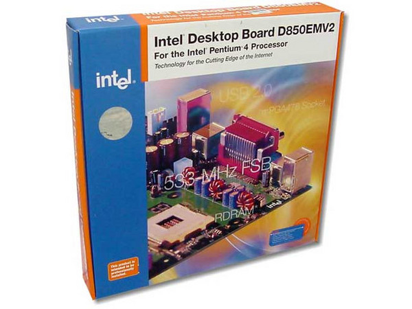 T. Madre Intel D850EMV2, ChipSet Intel 850E,
Soporta hasta: All Pentium 4, 478Pins, 400/533 Mhz,
Integrado: Audio AC 97, 
Memoria: RIMM RDRAM PC800, 2Gb Max, (4 Bancos),
Diseño: ATX Completo, Ptos: 1x AGP, 5x PCI, 1x CNR