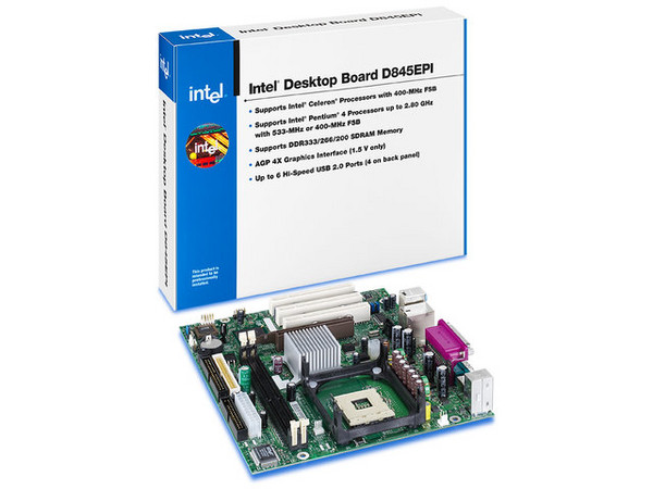 T. Madre Intel D845EPI, ChipSet Intel 845E, 
Soporta: P4 y Celeron con BUS de 533/400Mhz, 
Integrado: Audio AC97, Memoria: DDR 266/333Mhz, 
Diseño: ATX Completo, Ptos: 1x AGP, 3x PCI