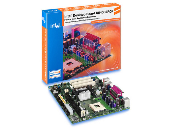 T. Madre Intel D845GERG2L, ChipSet Intel® 845GE, 
Soporta: P4 y Celeron con BUS de 533/400 MHz, 
Memoria: SDRAM DDR 333/266, 2 Bancos, 2GB Max, 
Integrado: Video Intel, Audio AC97, Red 10/100Mbps, 
Diseño: Micro ATX, Ptos: 1x AGP, 3x