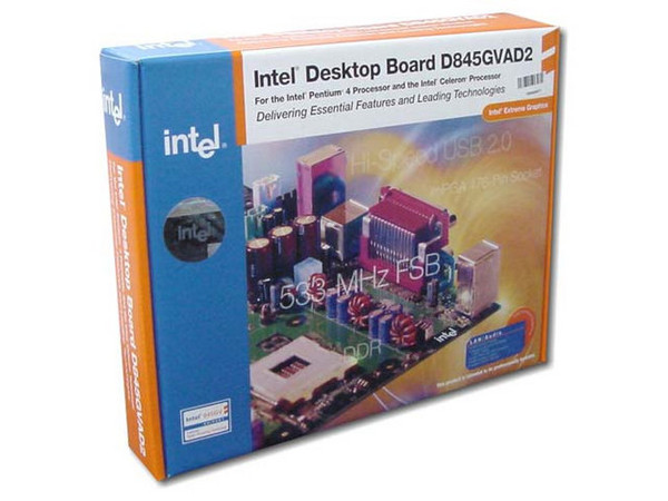 T. Madre Intel D845GVAD2L, ChipSet 845GV
Soporta: P4 a 3.06Ghz w/HT, Celeron 2.60, BUS 400/533Mhz
Integrado: Video Intel, Sonido AC97, RED 10/100Mbps
Memoria: SDRAM DDR 200/266Mhz, 2Gb Max (2 Bancos)
Diseño: MicroATX, Ptos: 4x PCI, 2x USB-2.0
USB2.0