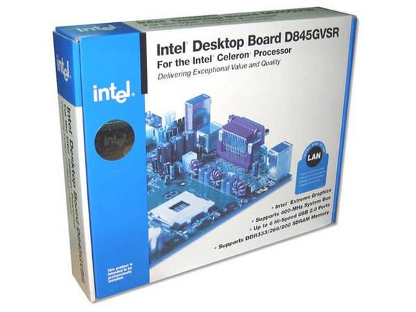 Tarjeta Madre Intel D845GVSRL, ChipSet Intel 845GV,
Soporta: P4/Prescott/Celeron, BUS de 400/533Mhz, 
Memoria: SDRAM DDR 200/266/333, 2 Bancos, 2GB Max., 
Integrado: Video, Audio y Red 10/100Mbps
Diseño: MicroATX, Puertos: 3x PCI, 4x USB 2.0