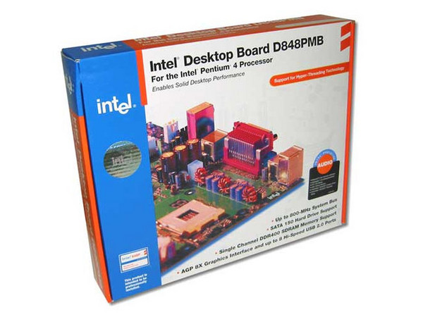 T. Madre Intel D848PMB, ChipSet Intel® 848P, 
Soporta: P4 HT y Celeron 2Ghz con BUS de 400/533/800MHz, 
Memoria: DDR400/DDR333/DDR266, 2GB Max, 
Integrado: Audio, Serial ATA, USB 2.0, 
Diseño: Micro ATX, Ptos: 1x AGP 4x/8x, 3x PCI.