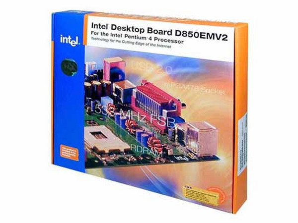 T. Madre Intel D850EMVRL, ChipSet Intel 850E, Soporta: Pentium 4, 478Pins, BUS de 400 y 533Mhz,
Integrado: Audio AC-97, LAN 10/100Mbps
Memoria: RIMM RDRAM PC800, 2GB Max, (4 Bancos),
Diseño: ATX Completo, Ptos: 1x AGP, 5x PCI, 1x CNR