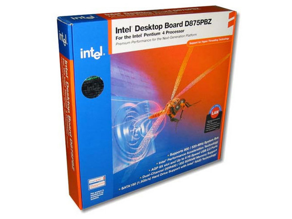 T. Madre Intel D875PBZLK, ChipSet Intel® 875P, 
Soporta: Solamente Pentium 4 bus 533/800Mhz, 
Hyper-Threading, Memoria: SDRAM DDR 333/400, 
Integrado: Red 100/1000Mbps (Gigabit), SATA RAID, 
Diseño: ATX Completo, Ptos: 1x AGP (8x/4x), 5x PCI