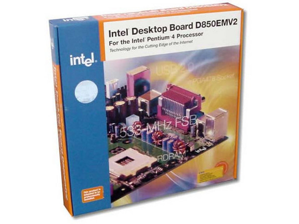 T. Madre Intel D850EMVR, ChipSet Intel 850E, Soporta: Pentium 4, 478Pins, BUS de 400 y 533Mhz,
Integrado: Audio AC-97,
Memoria: RIMM RDRAM PC800, 2GB Max, (4 Bancos),
Diseño: ATX Completo, Ptos: 1x AGP, 5x PCI, 1x CNR