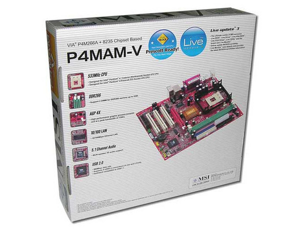T. Madre MSI P4MAM-V, ChipSet ProSavageDDR,
Soporta: P4 Northwood/Prescott/Celeron, Bus 400/533MHz,
Integrado: Video S3 ProSavage8, Sonido VIA 5.1 y Red,
Memoria: SDRAM DDR PC2100, 266 Mhz,
Diseño: MicroATX, Puertos: 3x PCI, 1x AGP 4X, 1x CNR