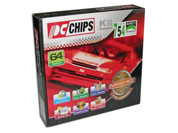 T. Madre PCCHIPS M861G, ChipSet VIA K8M800/8237,
Soporta: Athlon 64, Sempron, Socket 754,
Integrado: Audio AC'97, Video UniChromeII y Red,
Memoria: DDR 266/333/400 Mhz, 2 Bancos, 2GB Max,
Diseño: Micro-ATX, Puertos: 2x PCI, 1x AGP 8X, 1x CNR