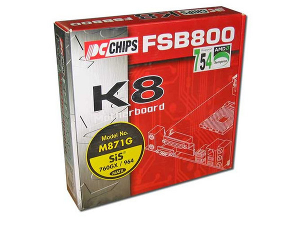 T. Madre PCCHIPS M871G, ChipSet SiS 760GX/964,
Soporta: Athlon 64, Sempron, Socket 754,
Integrado: Audio AC'97, 2 Serial ATA y Red,
Memoria: DDR 266/333/400 Mhz, 2 Bancos, 2GB Max,
Diseño: Micro-ATX, Puertos: 1x CNR, 2x PCI, 1x AGP 8X