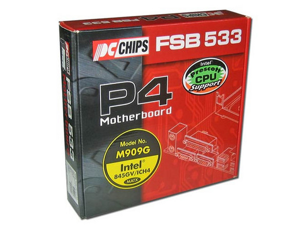 T. Madre PCCHIPS M909G, ChipSet 845GV/ICH4,
Soporta Intel Celeron, Pentium 4 HT & Prescott, 533/400Mhz,
Memoria: DDR 333/266 (2 Bancos), 2Gb Max,
Integrado: Audio 6 canales, Video, RED 10/100Mbps,
Diseño: Micro ATX, Ptos. 3x PCI, 1x AGP Pro, 1x CNR