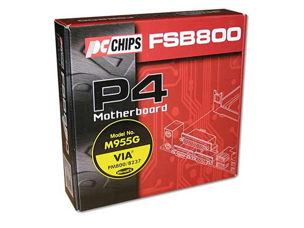 T. Madre PCCHIPS M955G, ChipSet VIA PM800/8237,
Soporta Intel Celeron, Pentium 4 HT & Prescott, 800/533/400Mhz,
Memoria: DDR400/333/266 (2 Bancos), 2Gb Max,
Integrado: Audio 6 canales, Video, RED 10/100Mbps,
Diseño: Micro ATX, Ptos. 3x PCI, 1x AGP 8