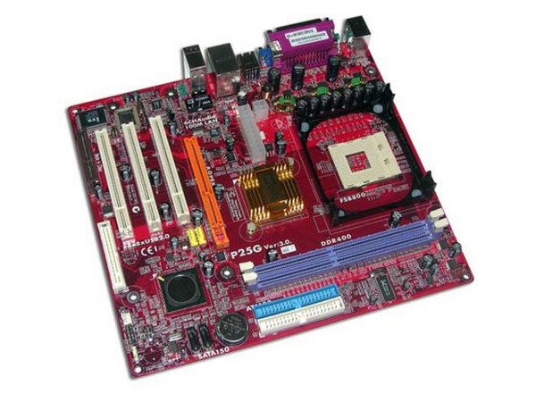 T. Madre PCCHIPS P25G, ChipSet VIA P4M800/8237,
Soporta Pentium 4 Prescott, Socket 478, 800/533/400MHz,
Memoria: DDR 400/333/266 (2 Bancos), 2Gb Max,
Integrado: Audio 6 canales, Video, RED 10/100Mbps,
Diseño: Micro ATX, Ptos. 3x PCI, 1x AGP 8X, 1x CN