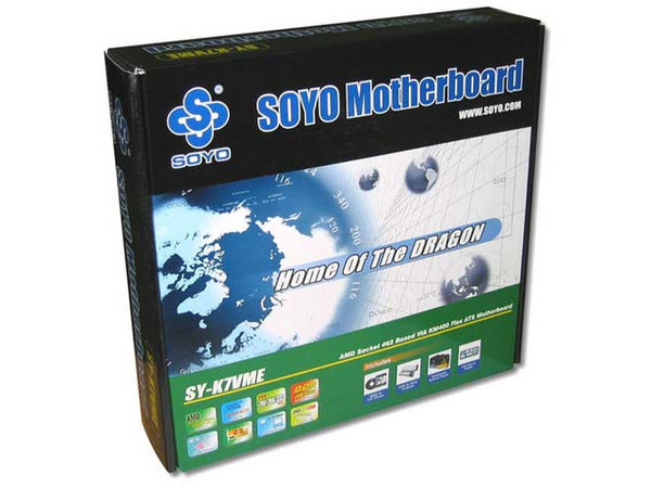 T. Madre Soyo SY-K7VME, ChipSet VIA KM400, 
Soporta: AMD Athlon XP y Duron con BUS de 266/333Mhz, 
Memoria: DDR SDRAM 266/333, 2 Bancos, 2GB Max., 
Integrado: Video, Sonido y Red 10/100Mbps, 
Diseño: Micro ATX, Ptos. 2x PCI, 1x AGP 4x/8x