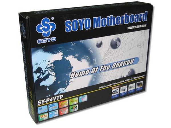 T. Madre Soyo SY-P4VTP, ChipSet VIA PT800, 
Soporta: Pentium 4 y Celeron, HT y BUS de 400/533/800Mhz, 
Memoria: SDRAM DDR 400/333, 3 Bancos, 3GB Max., 
Integrado: Audio y Red 10/100 Mbps, 
Diseño: ATX, Ptos: 5x PCI, 1x AGP 4x/8x