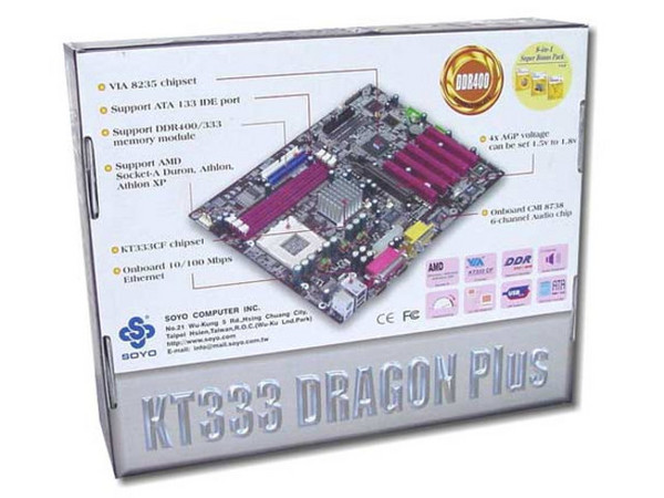 T. Madre Soyo SYKT333 Dragon Plus, ChipSet VIA KT333CF
Soporta: Athlon XP 3000+, Duron, con BUS de 266/333Mhz
Integrado: Audio CMI 6 Canales, Lan 10/100Mbps, USB 2.0
Memoria: DDR SDRAM 400/333/266, 3GB Max. (3 Bancos)
Diseño: ATX Completo, Ptos: 5x P