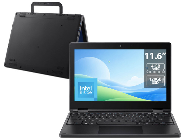Laptop ECS LIVA 12EP: 
Procesador Intel N100 (hasta 3.4 GHz), 
Memoria de 4GB DDR4, 
SSD de 128GB, 
Pantalla de 11.6