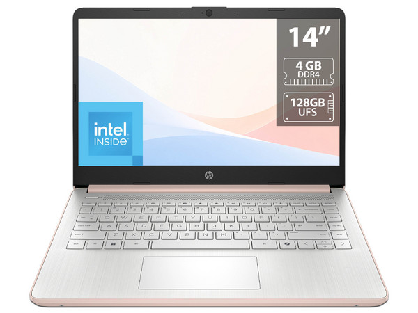 Laptop HP 14-DQ6015DX: 
Procesador Intel N150 (hasta 3.6 GHz), 
Memoria de 4GB DDR4,
UFS de 128GB, 
Pantalla de 14