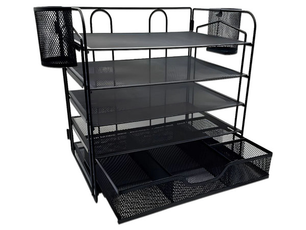 Organizador Nextep NE-169X de Malla Metálica, 5 Niveles para Documentos, Con Cajón y Portalápices. Color Negro.