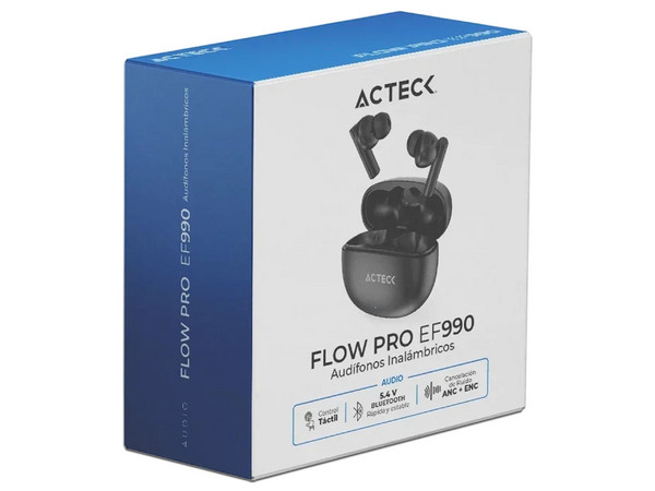 Audífonos Inalámbricos Acteck Flow Pro EF990, Con Estuche de Carga, Respuesta de Frecuencia 20Hz - 20kHz, Bluetooth, Compatible con Android e iOS. Color Negro.