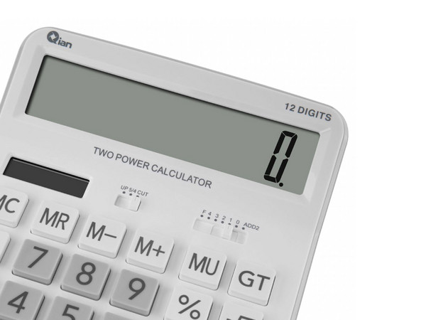 Calculadora Qian QYD-164EC-02, 12 Dígitos, Pantalla Inclinada, Batería Solar. Color Blanco.