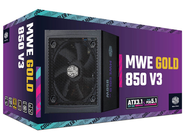 Fuente de Poder CoolerMaster MWE Gold V3 de 850W, 80 Plus Gold, con conector PCIE5 12HPwr para actualización de tarjeta de video. Color Negro.