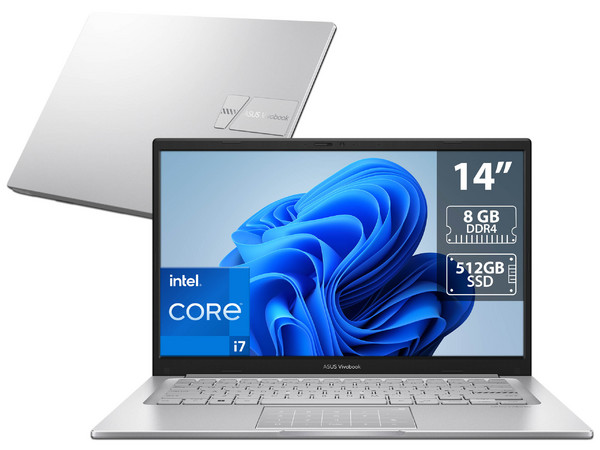 Laptop ASUS VivoBook X1404:
Procesador Intel Core i7 1255U (hasta 4.7 GHz),
Memoria de 8GB DDR4,
SSD de 512GB,
Pantalla de 14