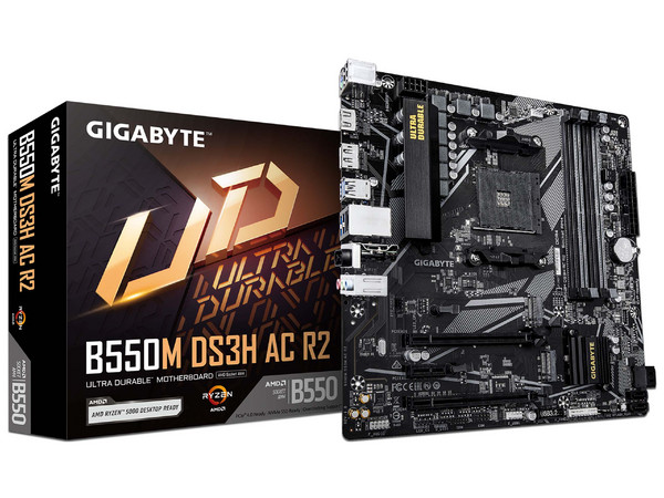 T. Madre GIGABYTE B550M DS3H AC (Rev 2),
Chipset AMD B550,
Segmento: Medio,
Soporta: AMD Ryzen 3ra 4ta 5ta Gen, Socket AM4,
RAM: DDR4 4733/3200/2133 MHz, 128GB Max,
Audio HD, Red, Wi-Fi 5, Bluetooth 5.0,
USB 3.1, USB Tipo C  SATA 3.0, M.2, Micro-ATX