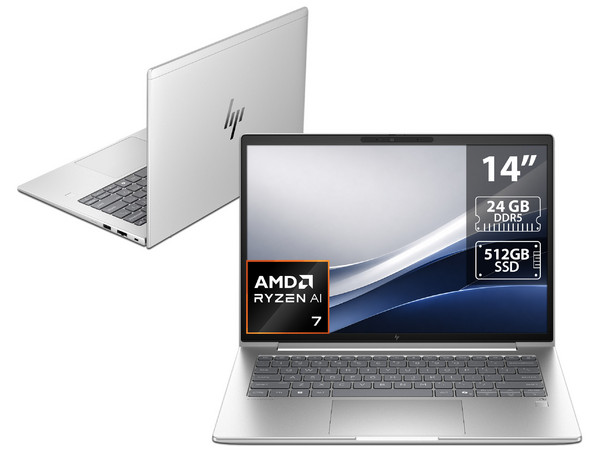 Laptop HP EliteBook 6 G1a: 
Procesador AMD Ryzen AI 7 350 (hasta 5.0 GHz), 
Memoria de 24GB DDR5, 
SSD de 512GB, 
Pantalla de 14
