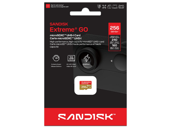 Memoria Sandisk MicroSDXC Extreme GO de 256 GB, Lectura 240 MB/s, Escritura 160 MB/s.