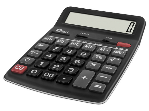 Calculadora Qian QYD-164EC-04, 12 Dígitos, Pantalla Inclinada, Batería Solar. Color Gris.