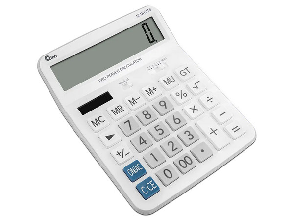 Calculadora Qian QYD-164EC-02, 12 Dígitos, Pantalla Inclinada, Batería Solar. Color Blanco.
